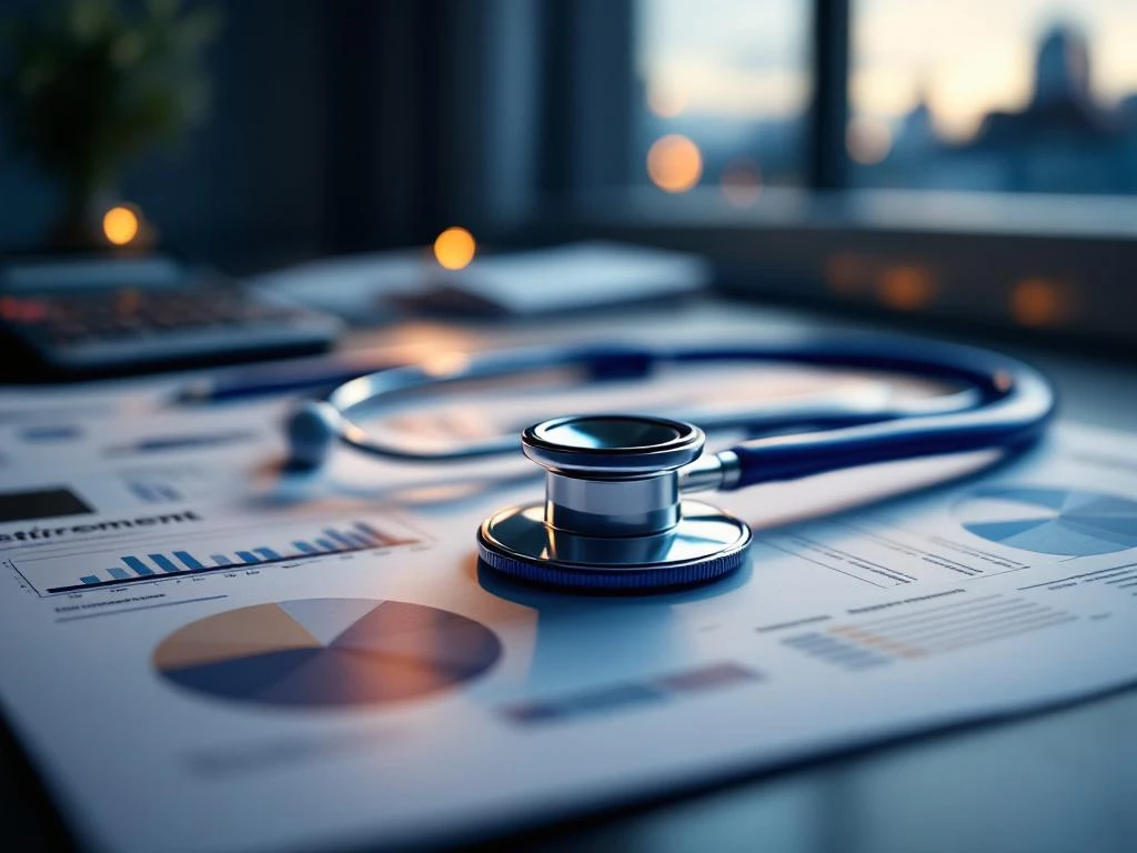 Stethoskop auf Finanzunterlagen mit Taschenrechner und Stift, Ruhestandsplanung für Ärzte im Hintergrund