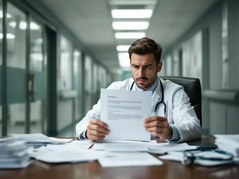 Frustrierter Arzt im weißen Kittel hält Ablehnungsschreiben am Schreibtisch, weitere Absagen verstreut