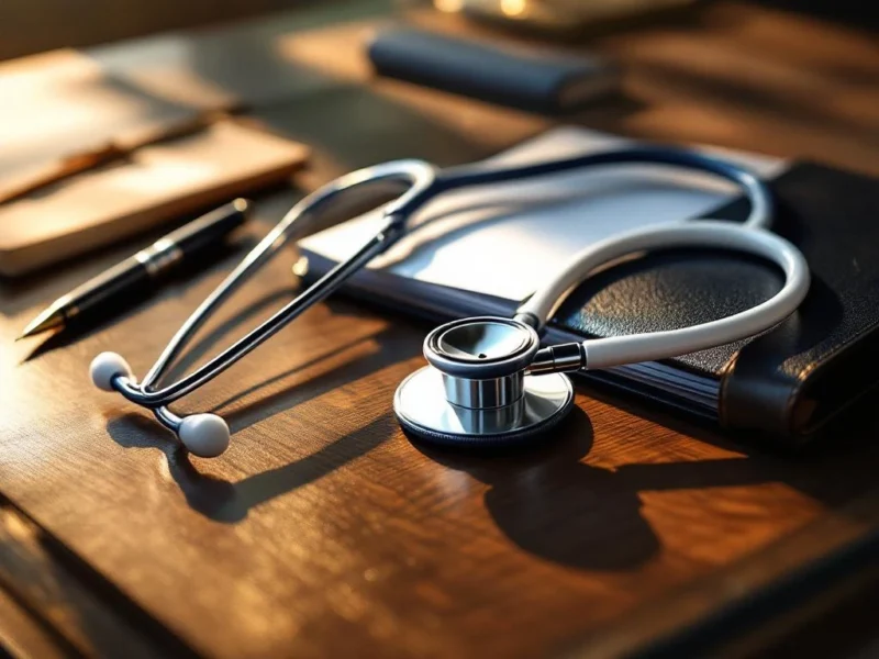 Weißes Stethoskop auf Mahagoni-Schreibtisch mit Ledermappe und Füllfederhalter in warmem Licht