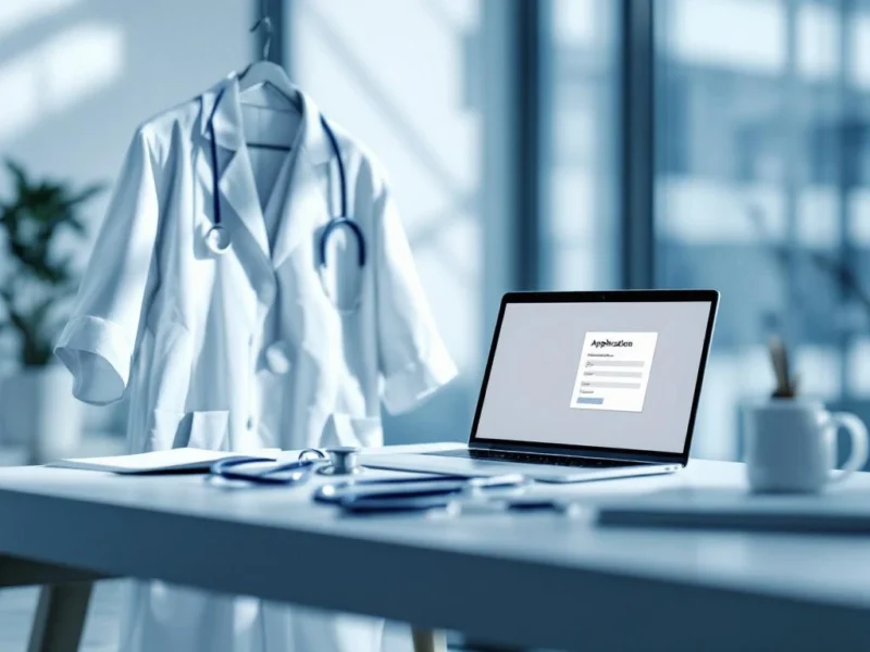Weißer Arztkittel auf Bürostuhl neben Laptop mit Bewerbungsformular, Stethoskop und medizinischen Instrumenten im Arztbüro