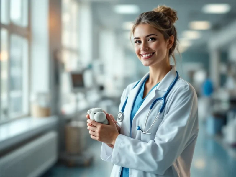Arzt im weißen Kittel hält Baby-Stethoskop in modernem Krankenhaus-Korridor, symbolisiert Work-Life-Balance im Gesundheitswesen