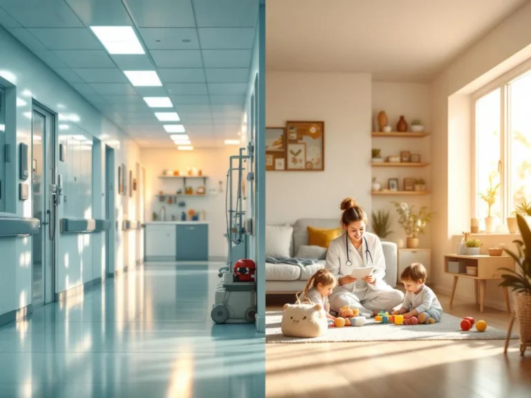 Geteilte Szene: Moderner Krankenhausflur mit medizinischer Ausrüstung links, warmes Zuhause mit Familiengegenständen rechts