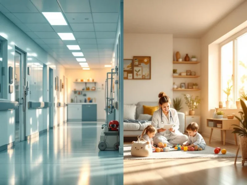 Geteilte Szene: Moderner Krankenhausflur mit medizinischer Ausrüstung links, warmes Zuhause mit Familiengegenständen rechts