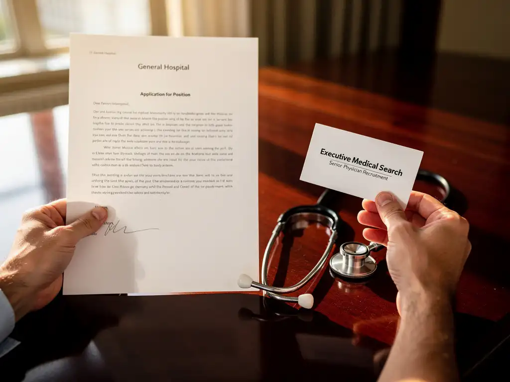 Arzt hält Bewerbungsschreiben und Visitenkarte eines Personalberaters auf Mahagoni-Schreibtisch mit Stethoskop