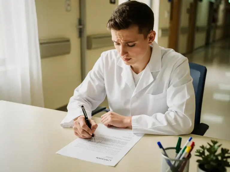 Junger Arzt im weißen Kittel prüft CV und Anschreiben am Krankenhausschreibtisch, Stift in der Hand, nachdenklicher Ausdruck.