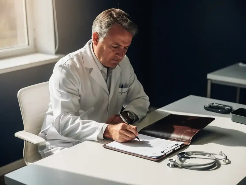 Arzt im weißen Kittel zögert mit Stift über leerem Bewerbungsformular an klinischem Schreibtisch, Stethoskop daneben.