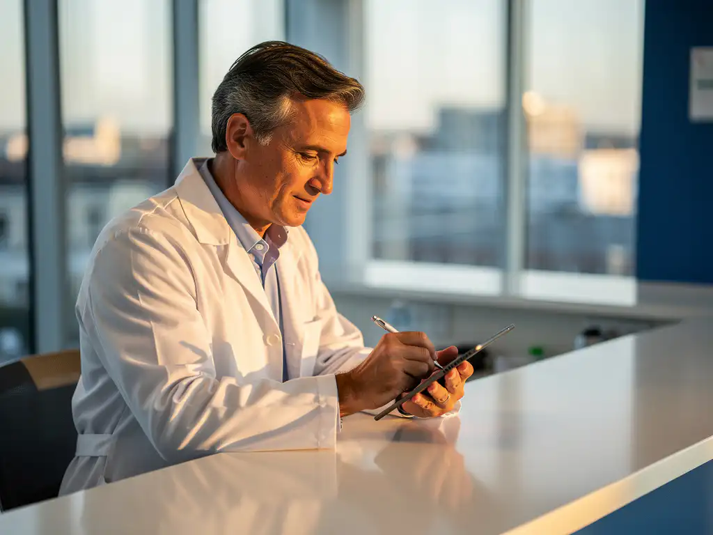 Arzt in weißem Kittel füllt digitales Antragsformular auf Tablet am modernen Krankenhaus-Empfangstresen aus