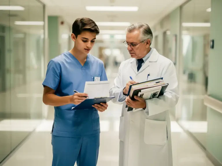 Junger Arzt in Scrubs und erfahrener Spezialist im weißen Kittel besprechen Patientenakte in modernem Krankenhausflur.
