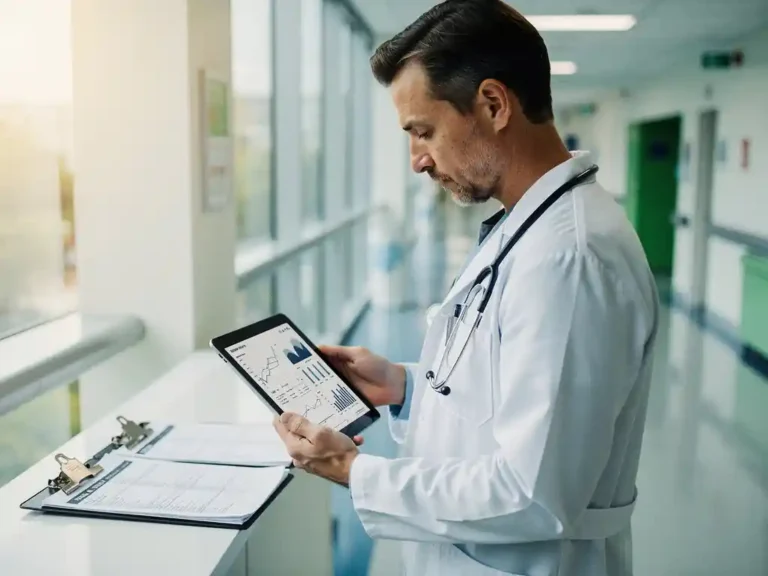 Arzt im weißen Kittel mit Stethoskop analysiert Finanzdaten und Patienteninformationen auf Tablet im hellen Krankenhaus-Flur