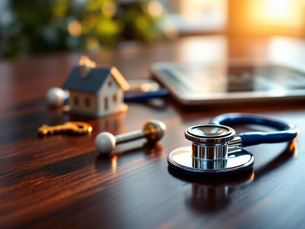 Stethoskop auf Mahagoniholz mit Hausmodell, goldenem Schlüssel und Tablet mit Finanzgrafiken im warmen Sonnenlicht