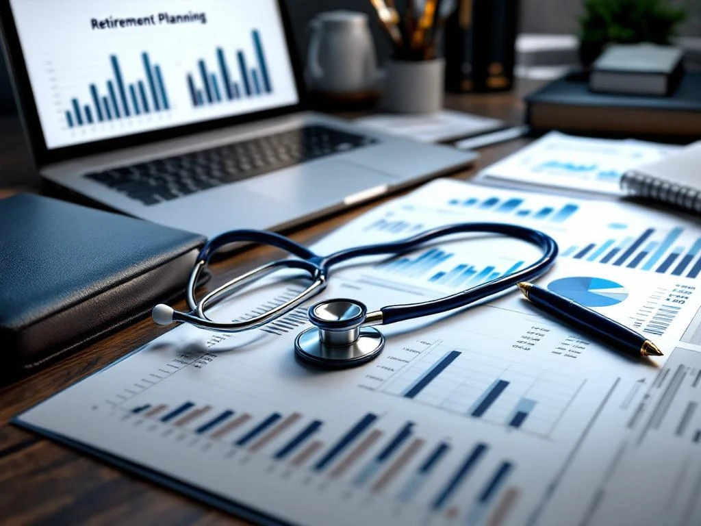 Stethoskop auf Schreibtisch mit Finanzunterlagen, Laptop mit Investmentgrafiken und Altersvorsorge-Dokumenten
