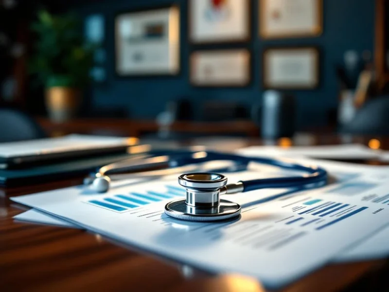 Stethoskop auf Finanzunterlagen und Ruhestandsplanung auf Mahagonischreibtisch mit medizinischen Diplomen im Hintergrund