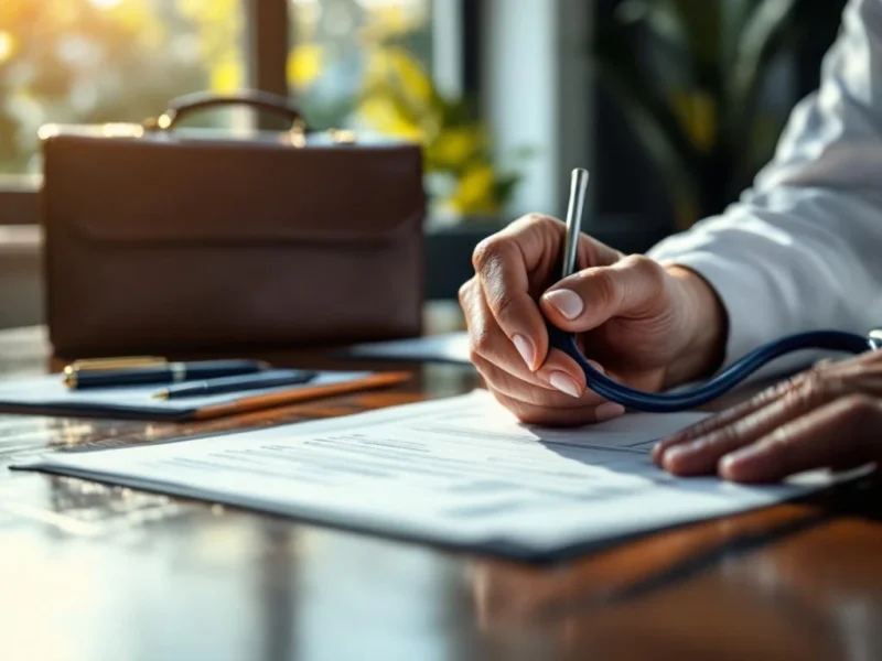 Arzt hält Stethoskop über medizinischen Dokumenten am Holzschreibtisch mit Aktentasche für Karriereplanung