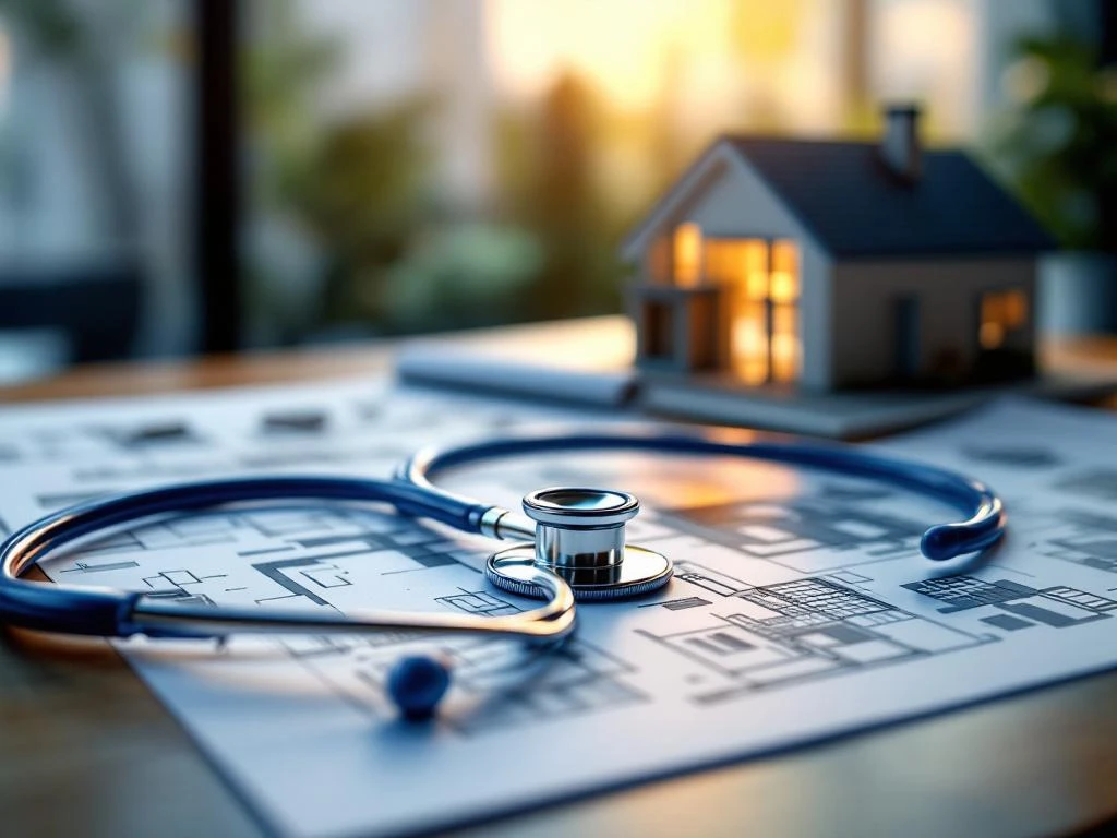 Stethoskop auf Bauplänen mit Hausmodell im Hintergrund, symbolisiert medizinische Praxis und Immobilieninvestition