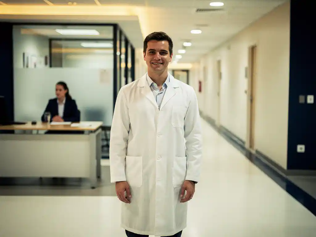 Arzt im weißen Kittel steht an einer Weggabelung im modernen Krankenhausflur, ein Weg führt zu einem Recruiter am Beratungstisch.