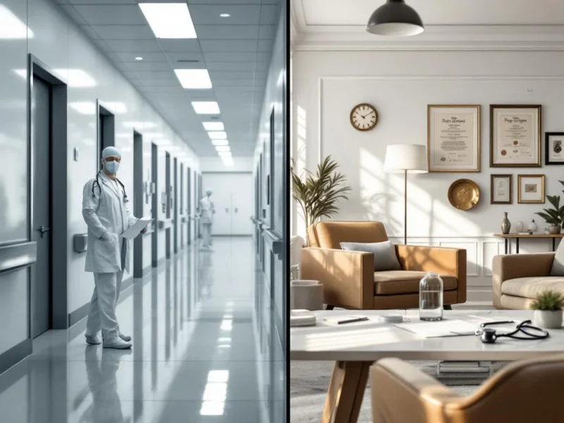 Geteilte Ansicht: moderne Krankenhaushalle links, elegante Privatpraxis rechts, zeigt Karrierewege für Ärzte