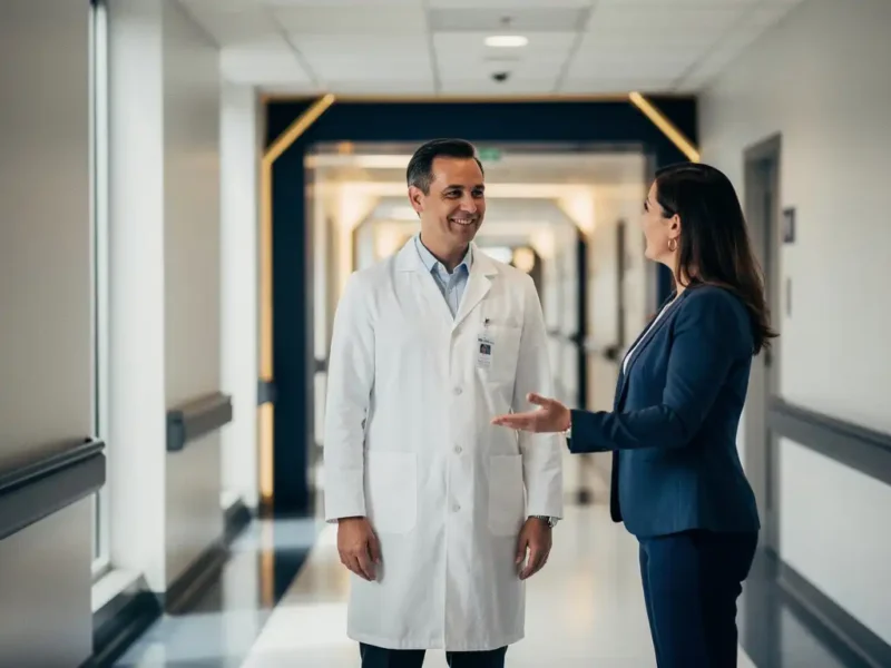 Arzt im weißen Kittel mit Personalberater im modernen Krankenhausflur, optimistische Atmosphäre, natürliches Licht.