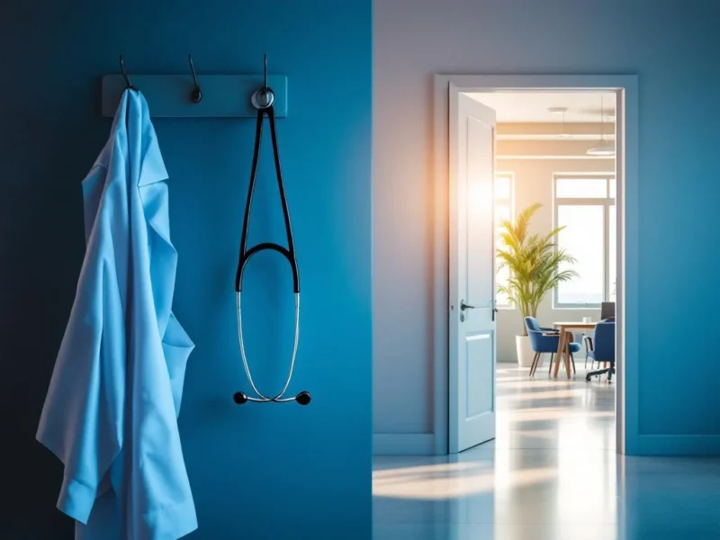 Stethoskop und Arztkittel an Haken neben offener Tür zu modernem Büro, symbolisiert Karrierewechsel für Mediziner