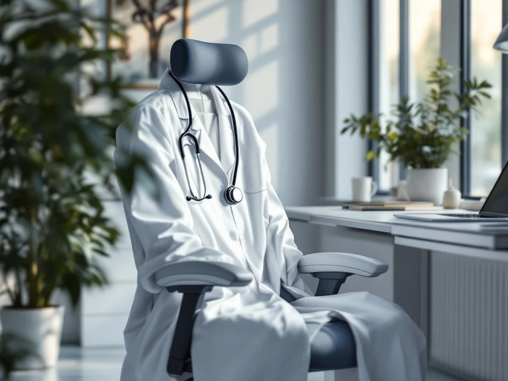 Weißer Arztkittel auf ergonomischem Stuhl neben Schreibtisch mit Stethoskop in hellem, professionellem Arbeitsplatz