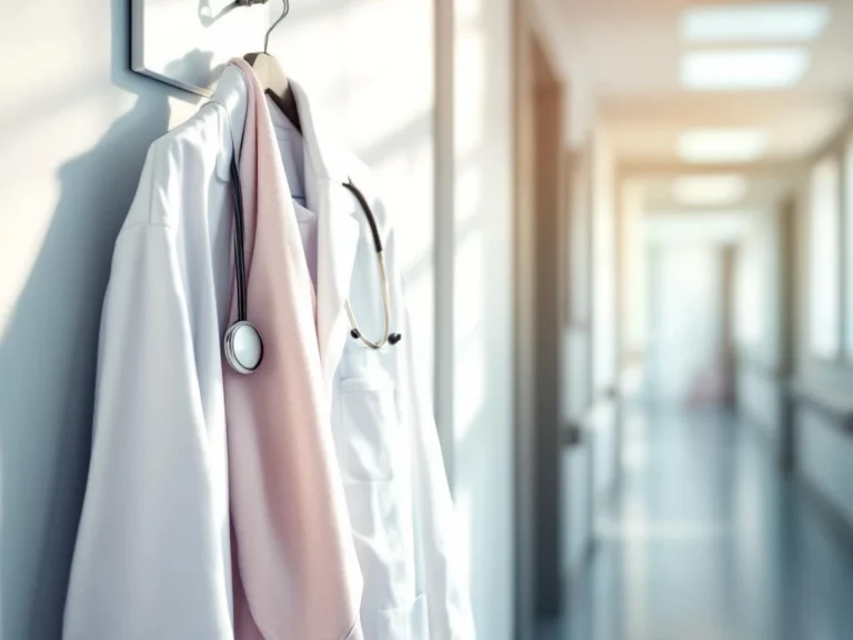 Weißer Arztkittel und Babydecke hängen an Krankenhaushaken, symbolisieren Balance zwischen Medizinkarriere und Elternschaft