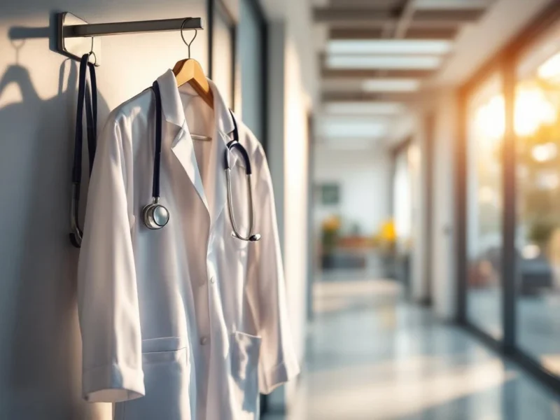 Weißer Arztkittel hängt in modernem Krankenhaus-Korridor mit warmem Licht und medizinischer Ausstattung