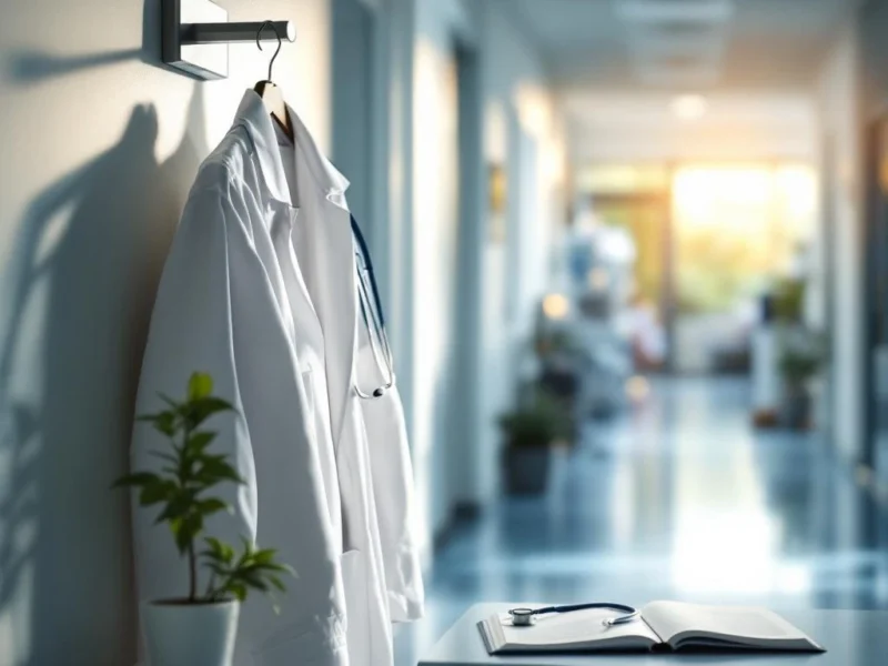 Weißer Arztkittel hängt an Garderobe in hellem Krankenhaus-Flur mit Stethoskop und medizinischen Geräten im Hintergrund