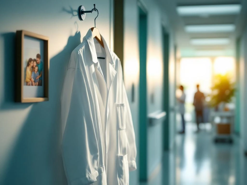 Weißer Arztkittel hängt neben Familienfoto und Pflanze im modernen Krankenhaus-Flur, symbolisiert Work-Life-Balance