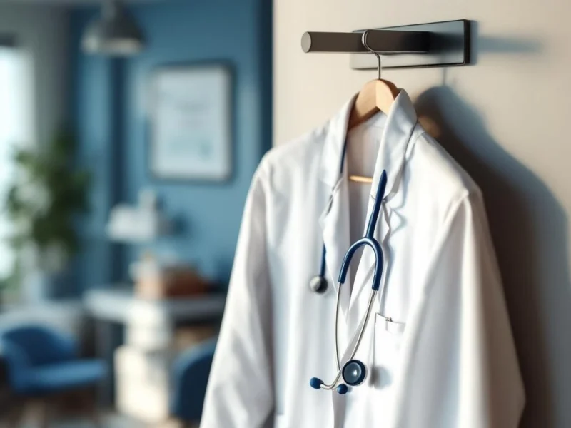Weißer Arztkittel mit Stethoskop an modernem Haken in professioneller Arztpraxis mit Diplom im Hintergrund