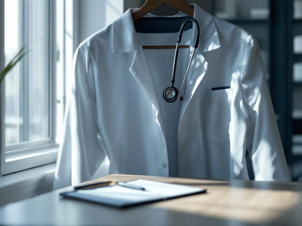 Weißer Arztkittel mit Stethoskop an Garderobenhaken über Schreibtisch mit geöffneter Ledermappe in Arztpraxis