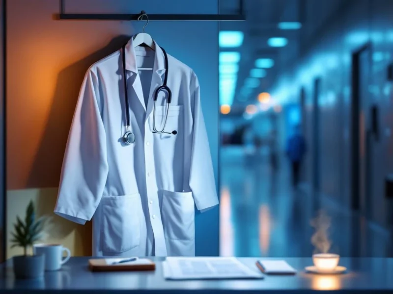 Weißer Arztkittel mit Stethoskop an Krankenhaushaken, Schreibtisch mit Patientenakte und Kaffeetasse im Hintergrund