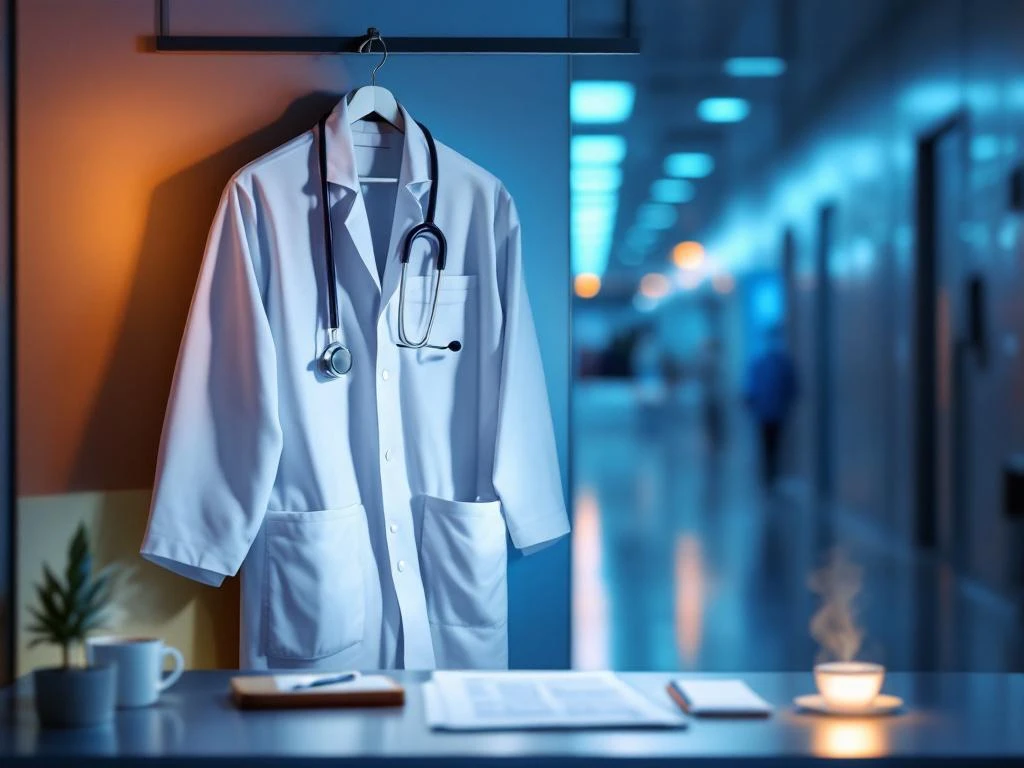 Weißer Arztkittel mit Stethoskop an Krankenhaushaken, Schreibtisch mit Patientenakte und Kaffeetasse im Hintergrund