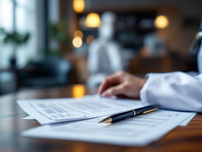 Arztmantel mit Stethoskop auf Mahagonischreibtisch, medizinische Zertifikate und Stift in moderner Klinik