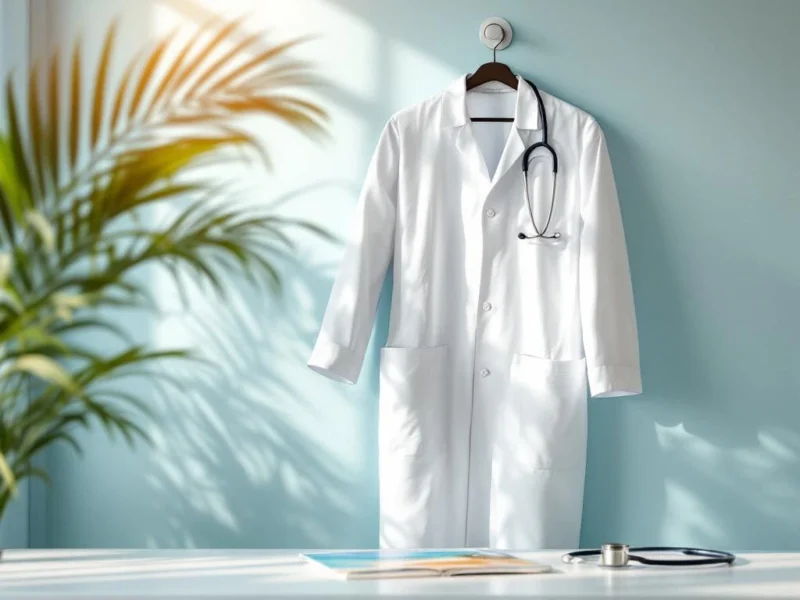 Weißer Arztkittel hängt an Garderobe in Arztpraxis mit Stethoskop und Urlaubsbroschüre auf Schreibtisch darunter