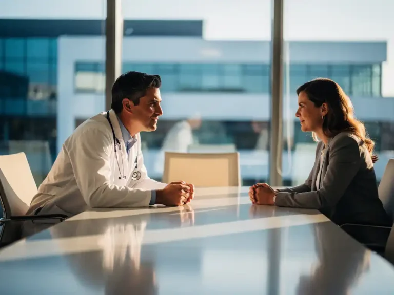 Arzt und Krankenhausverwalter in professionellem Gespräch am Konferenztisch in moderner Klinik