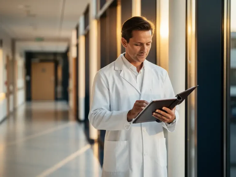 Arzt im weißen Kittel liest Patientenakte am Fenster eines modernen deutschen Krankenhauses im goldenen Morgenlicht.