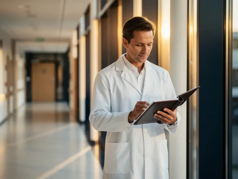 Arzt im weißen Kittel liest Patientenakte am Fenster eines modernen deutschen Krankenhauses im goldenen Morgenlicht.