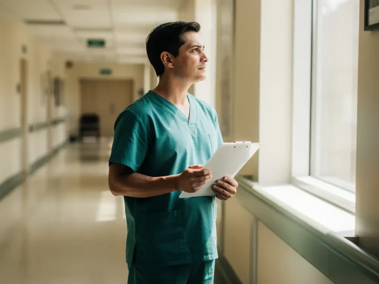 Arzt in Scrubs steht nachdenklich am Krankenhausfenster, Klemmbrett in der Hand, weiches Tageslicht erhellt den Korridor.
