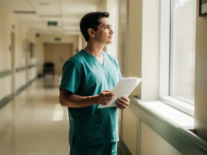 Arzt in Scrubs steht nachdenklich am Krankenhausfenster, Klemmbrett in der Hand, weiches Tageslicht erhellt den Korridor.