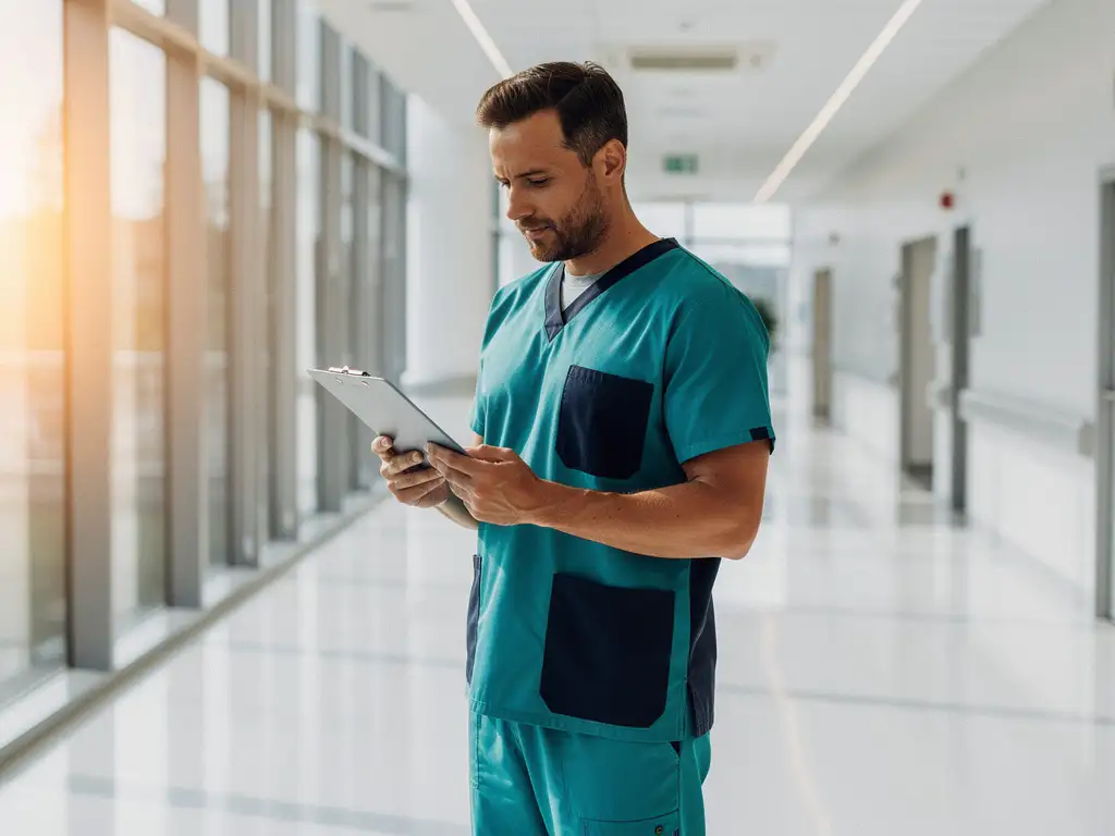 Arzt in Scrubs prüft Klemmbrett in hellem Krankenhausflur mit Tageslicht und türkisfarbenen Akzenten.