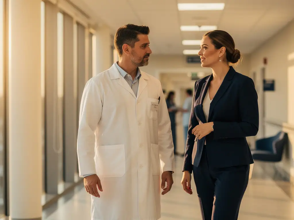 Arzt im weißen Kittel und Personalberater im Gespräch auf einem modernen Krankenhausflur im warmen Gegenlicht.