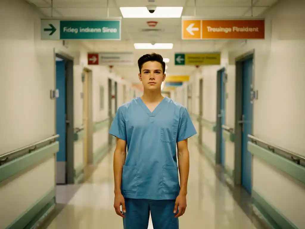 Junger Assistenzarzt in Scrubs steht an einer Krankenhauskreuzung unter farbigen Wegweisern zu verschiedenen Fachabteilungen.