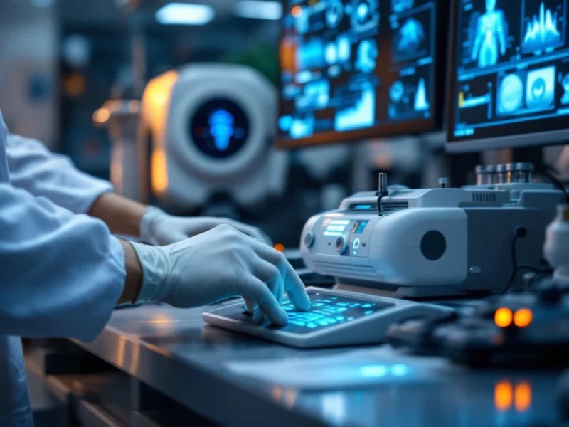 Arzt in weißen Handschuhen bedient moderne medizinische Technologie in hochmodernem Labor mit Monitoren und LED-Geräten.