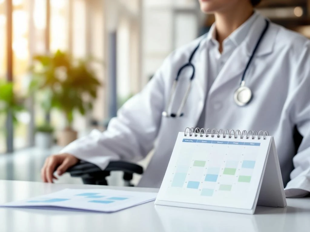 Weißer Arztkittel über modernem Stuhl mit Stethoskop, offener Terminkalender auf Schreibtisch in heller Arztpraxis