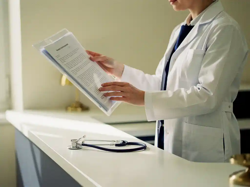 Arzt im weißen Kittel prüft Dokumente an Klinikrezeption, Stethoskop daneben, natürliches Seitenlicht.