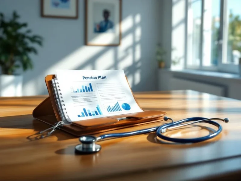 Offenes Lederportfolio mit Rentenplanungsdokumenten auf Arztschreibtisch, Stethoskop daneben, moderne Praxis