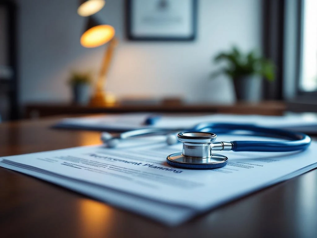Stethoskop auf Rentenplanungsunterlagen am Mahagonischreibtisch mit Diplom im Hintergrund, medizinische Altersvorsorge
