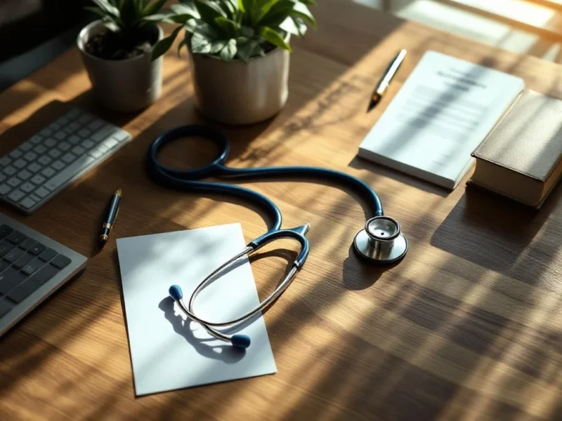 Medizinischer Schreibtisch mit Stethoskop, Brille und Rentendokumenten für Arztpraxis-Ruhestand
