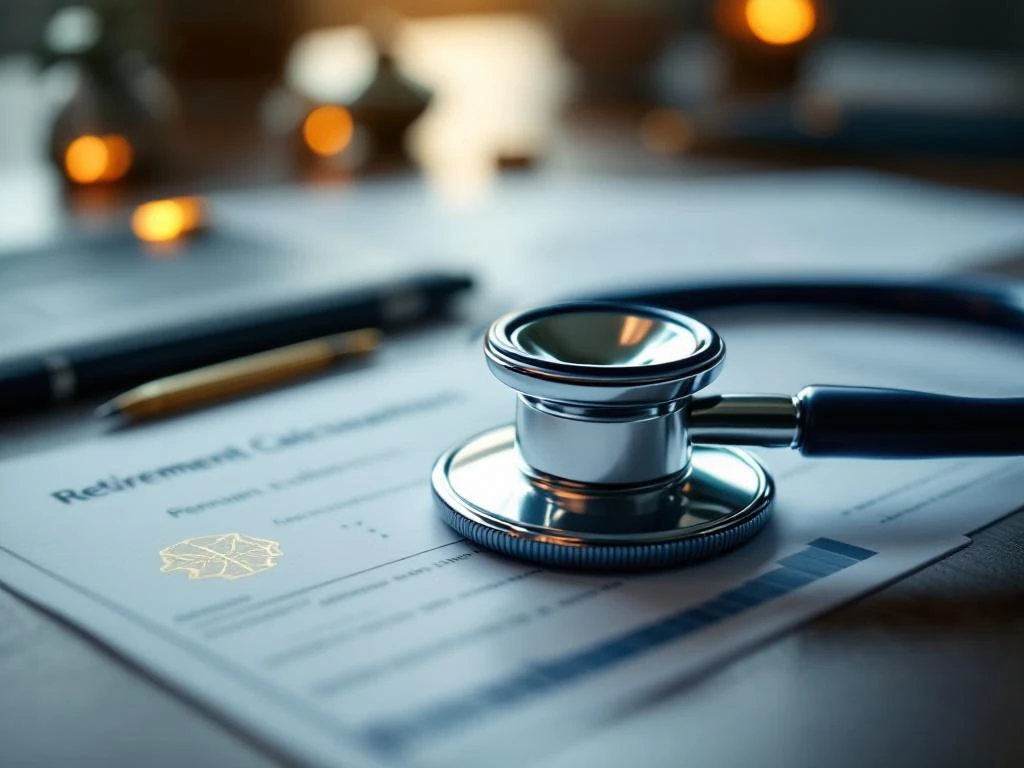 Stethoskop auf Rentendokumenten und medizinischen Zertifikaten auf Holzschreibtisch, Übergang vom Arztberuf zur Rente