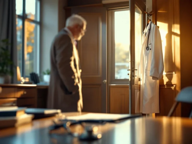 Weißer Arztkittel hängt an Garderobe neben Bürotür, Stethoskop und Brille auf Schreibtisch, warmes Sonnenlicht im Krankenhaus