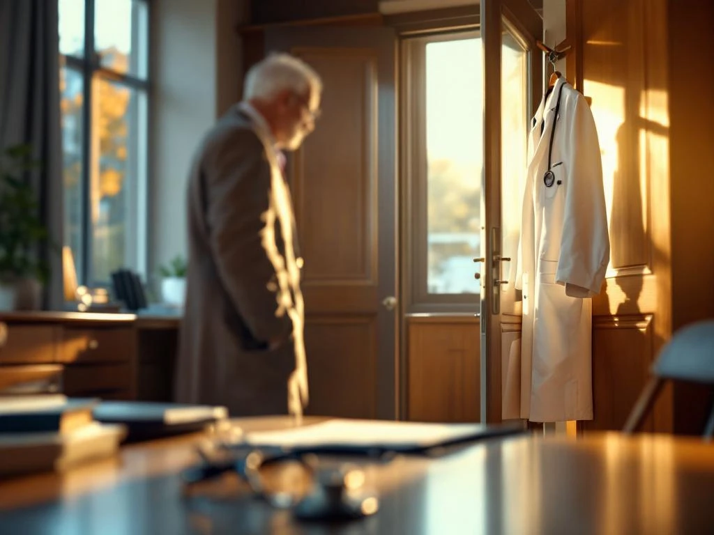 Weißer Arztkittel hängt an Garderobe neben Bürotür, Stethoskop und Brille auf Schreibtisch, warmes Sonnenlicht im Krankenhaus